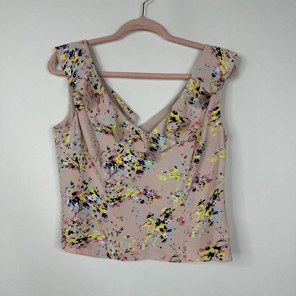 NWT White House Black Market Sleeveless Ruffle Top Petal Swirls Sepia 14